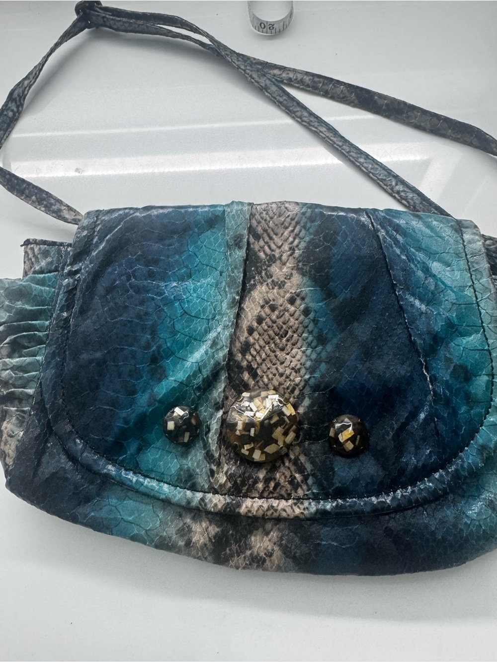 libby. edelman Teal and Black Snake-Print Shoulder Bag with Gold Stud Accents